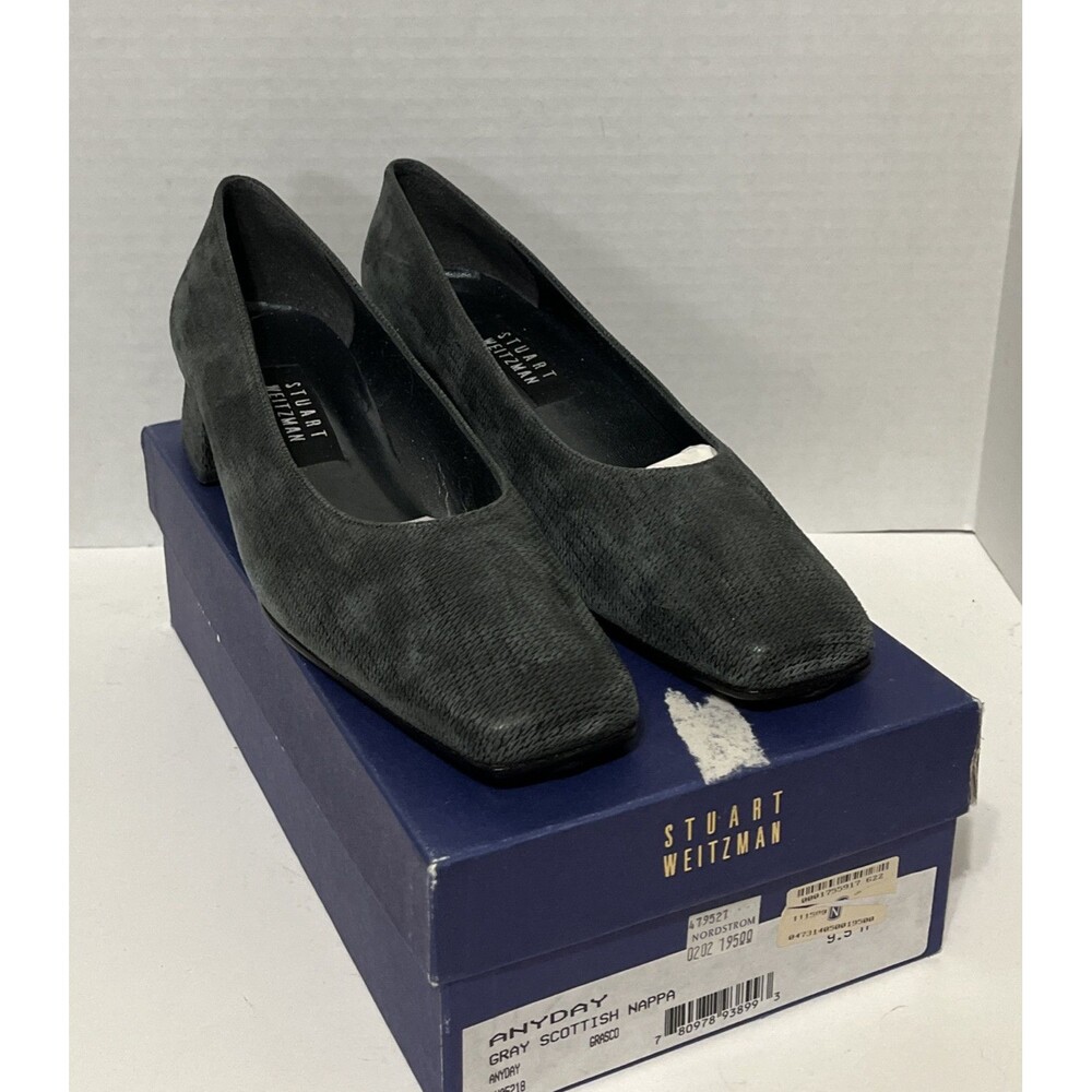 Stuart Weitzman Any day Gray Scottish Napa Block Heels Size 9.5M Pump Square Toe